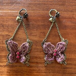 Vintage Betsey Johnson Y2K Ribbon Butterfly Rhinestone Drop Earrings